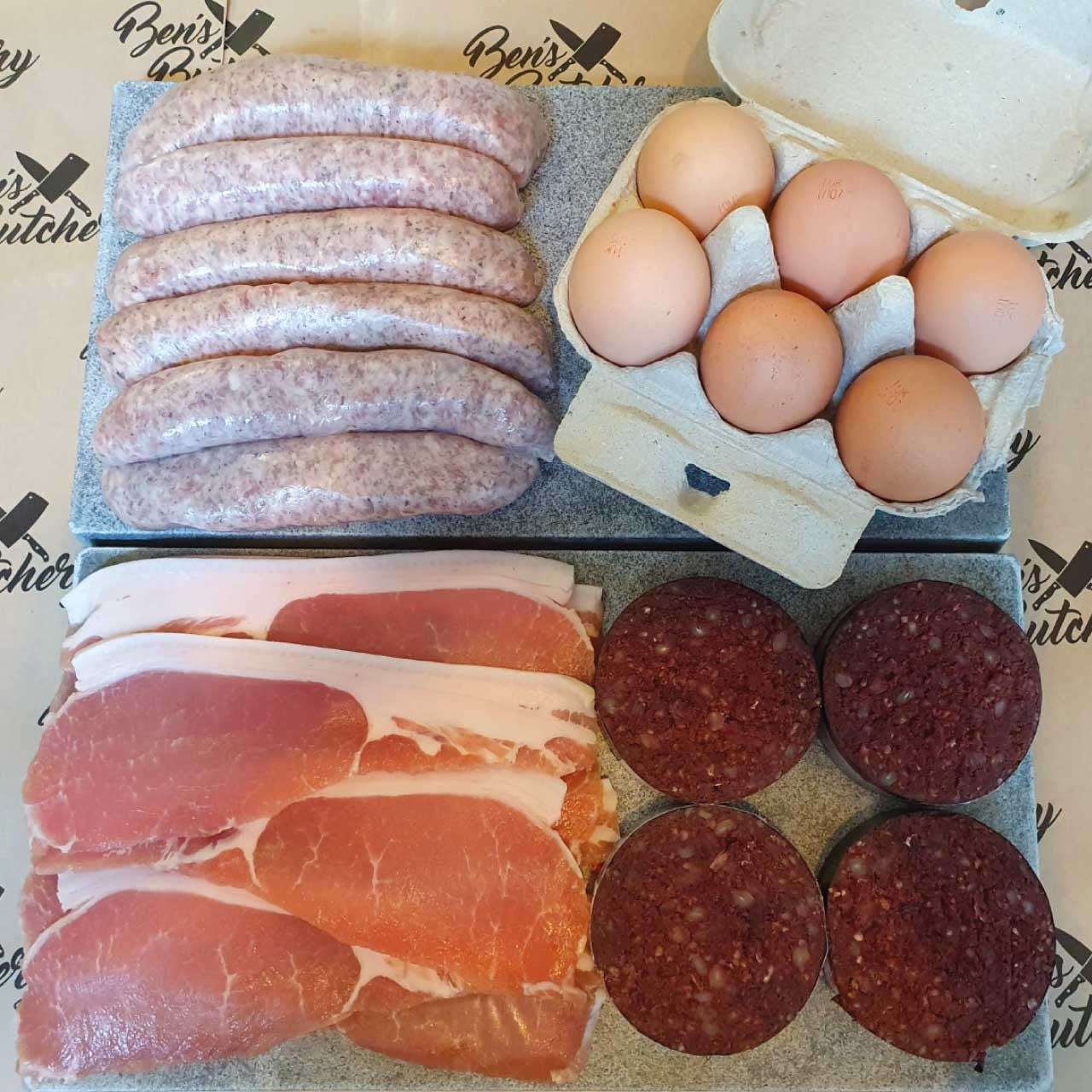 The Ben's Butchery Breakfast Box consists of 6 x Bens Classic Sausages, 1 x pack Unsmoked Back Bacon, 4 x Slices Black Pudding, 6 x Eggs - the perfect way to get any morning started. Weight is for shipping purposes only.