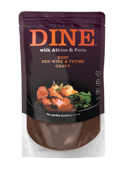 DINE IN Beef Red Wine and Thyme Gravy is made with love and quality ingredients for you to create a special meal at home. Real food and time to enjoy it. This gourmet gravy combines the richness of good red wine with a subtle hint of thyme. Simply heat and pour over roast pan-fried or grilled beef joints or steaks.