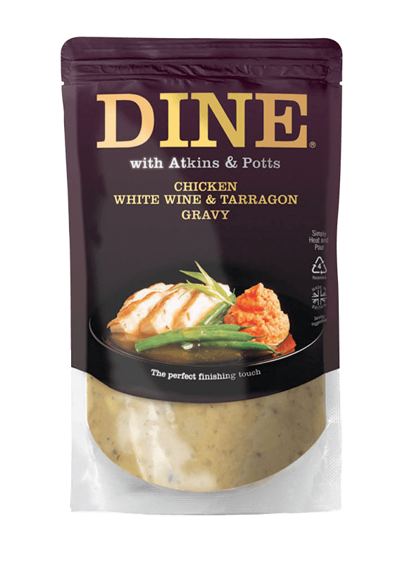 DINE IN Chicken White Wine and Tarragon Gravy is made with love and quality ingredients for you to create a special meal at home. Real food and time to enjoy it. Simply heat and pour this gourmet gravy over roast steamed fried or grilled chicken. Fold in some double cream for extra smoothness or add some chopped preserved lemons for a fresh flavour.