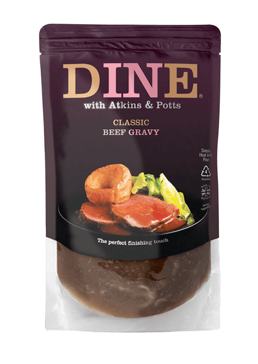 DINE IN Beef Gravy is made with love and quality ingredients for you to create a special meal at home. Real food and time to enjoy it. This classic gravy is made from delicious beef stock for full flavour. Simply heat and pour over roast pan-fried or grilled beef joints or steaks. You can also fold in some crème fraîche for added richness.