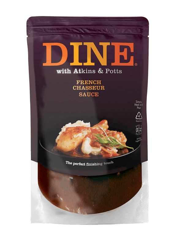 DINE IN French Chasseur Sauce is made with love and quality ingredients for you to create a special meal at home. Real food and time to enjoy it. This quick-to-use classic gourmet sauce is inspired by the 17th-century custom of picking mushrooms while out hunting to make a sauce for the game. This sauce is traditionally served with venison game birds or chicken.