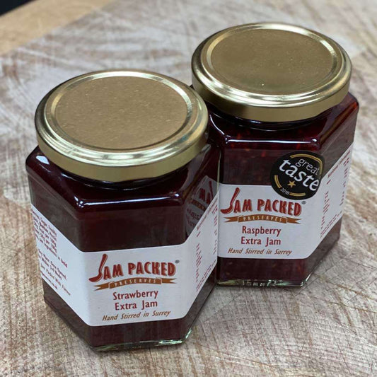 Jam Packed Strawberry or Raspberry. Hand stirred in Surrey.