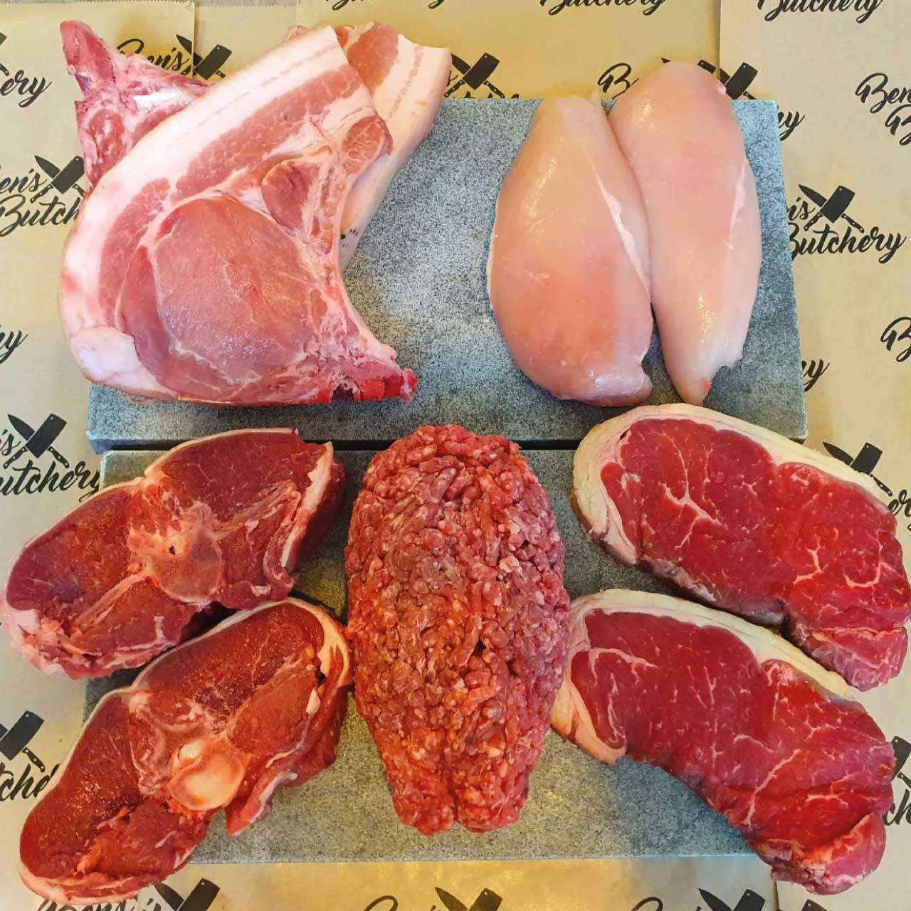 The Meat Selection box will give you a variety of our most popular meats, consisting of 1 x 500g Steak Mince, 2 x Skinless Chicken Breast, 2 x Sirloin Steak, 2 x Lamb Loin Chops, 2 x Pork Chops. Ideal for an individual or family. Weight is for checkout purposes only.