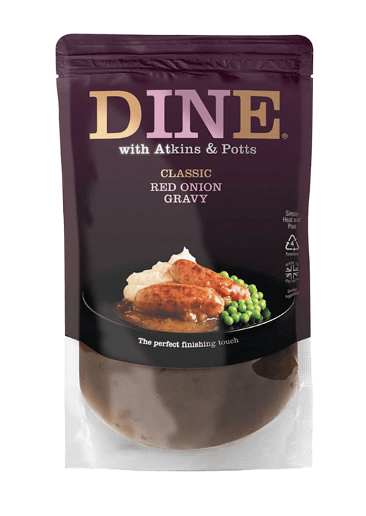 DINE IN Red Onion Gravy is made with love and quality ingredients for you to create a special meal at home. Real food and time to enjoy it. Simply heat this quick-to-use classic gravy and pour over beef sausages mashed potatoes or Yorkshire puddings. You can also add flaked blue cheese or crumbled goat’s cheese for extra bite.